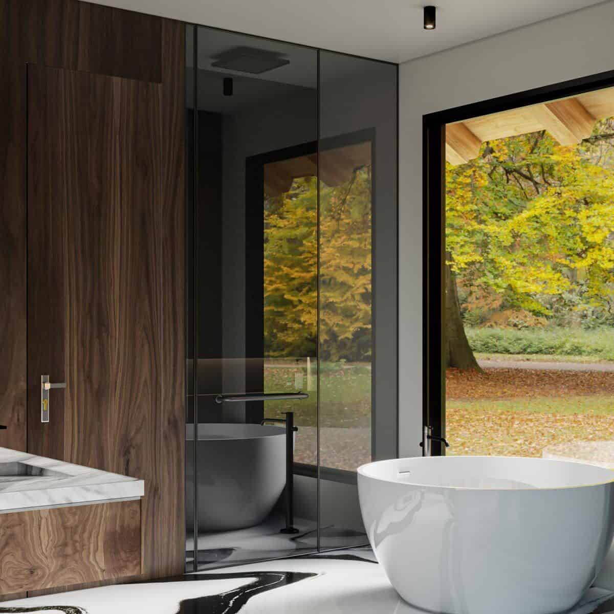Primary bathroom with a floating vanity, a walk-in shower, and a soaking tub over the marble-tiled flooring.