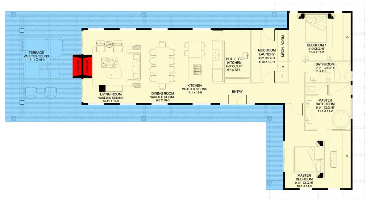 Main level floor plan of a 2-bedroom contemporary single-story lake house with living room, dining room, kitchen, butler's kitchen, two bedrooms, and a wraparound porch.
