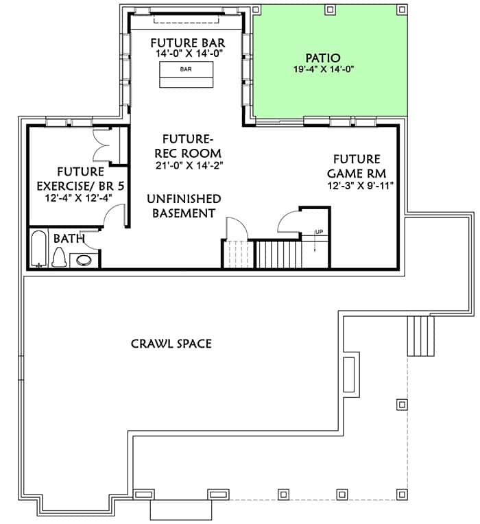 Lower level floor plan with a bedroom, a game room, and a rec room with bar and patio access.