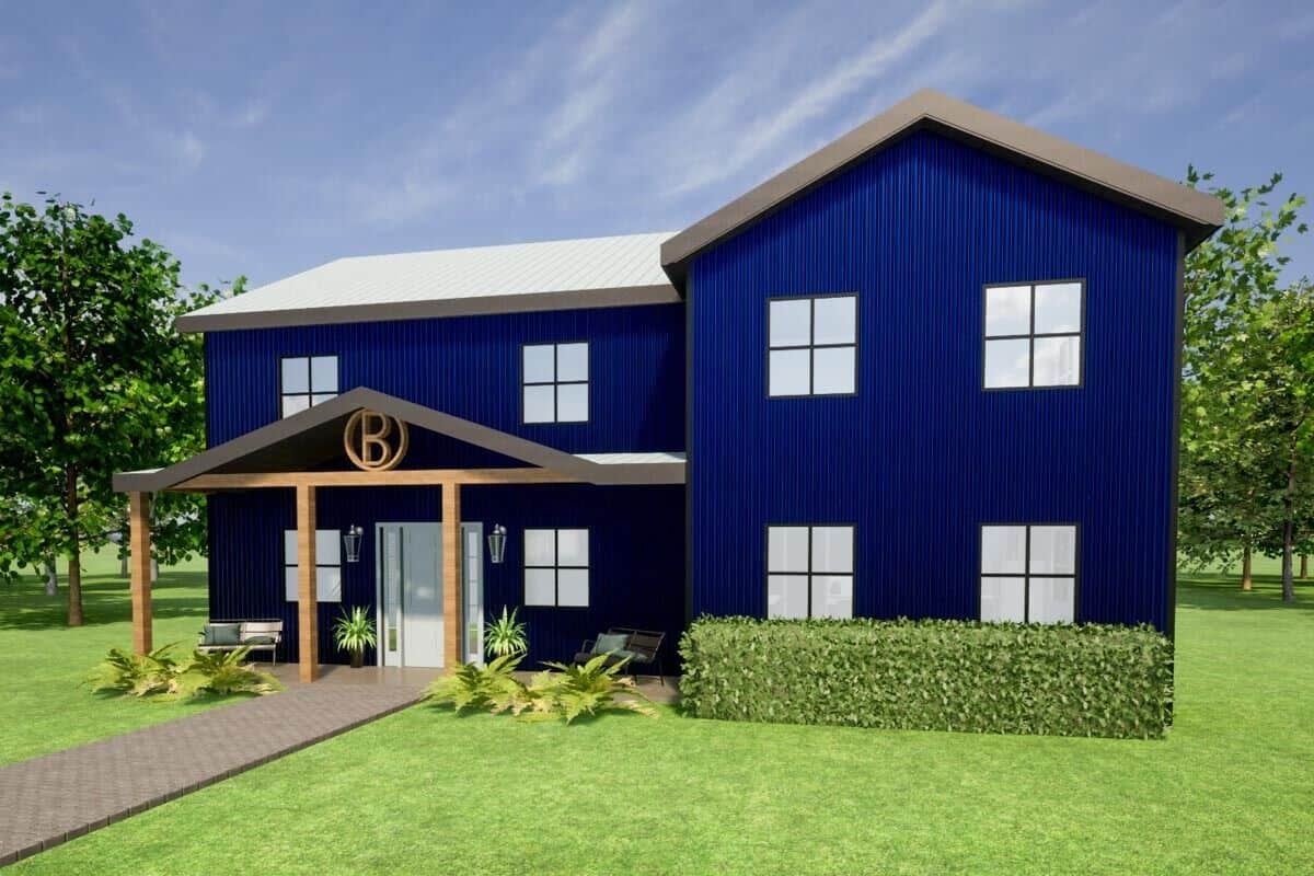 Front rendering with blue exterior, large gables, and a covered entry porch framed with rustic timbers.