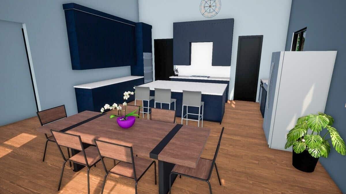 Dining area and kitchen with gray walls and hardwood flooring.