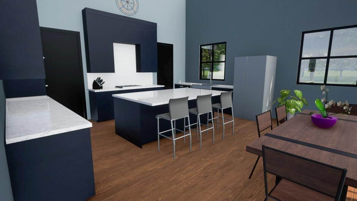 Kitchen with dark blue walls, marble countertops, and a center island with bar seating.