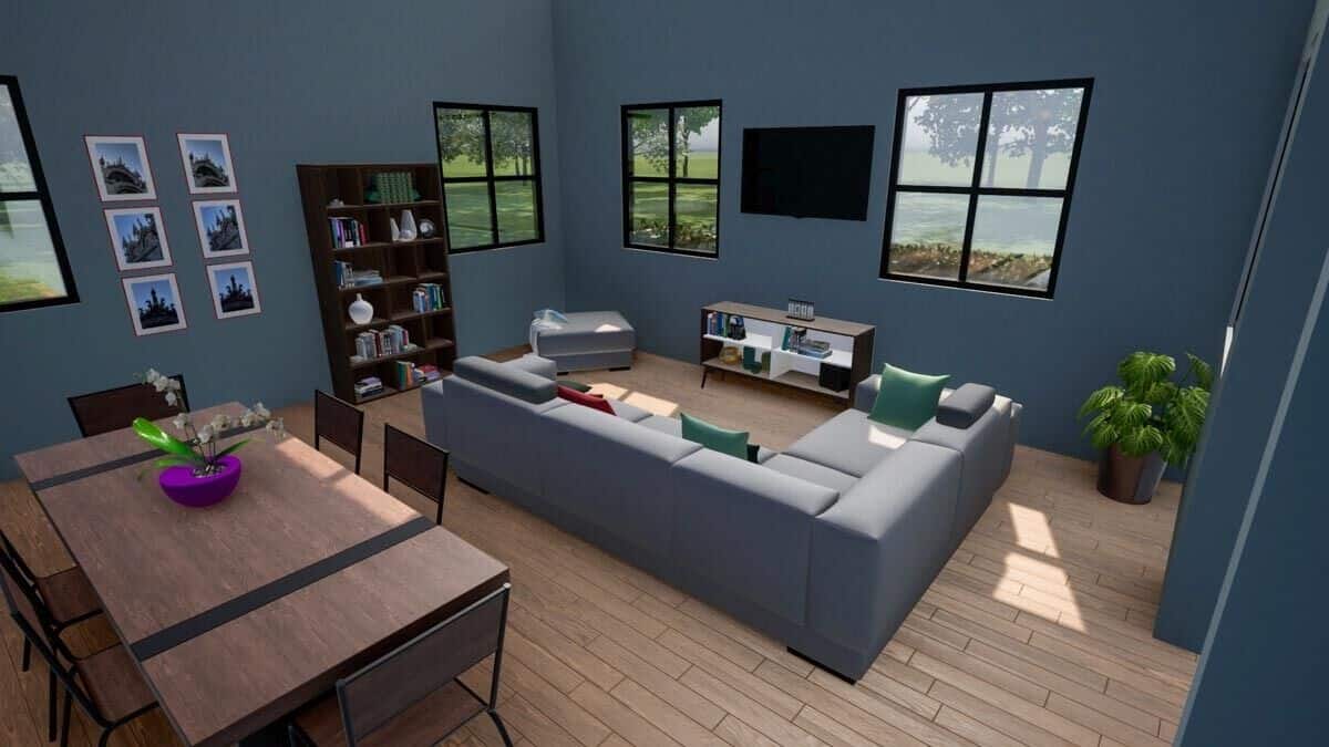Living room with an L-shaped sofa, a wooden bookshelf, and a TV mounted above the console table.