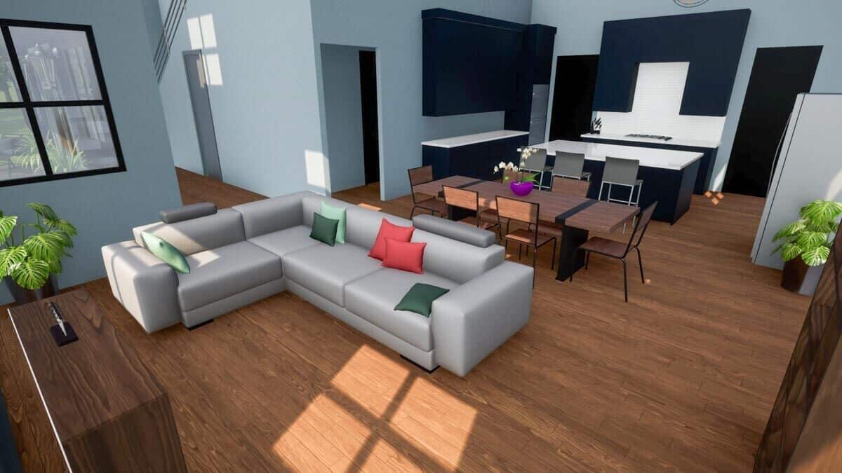 An open layout view of the living room, dining area, and kitchen.