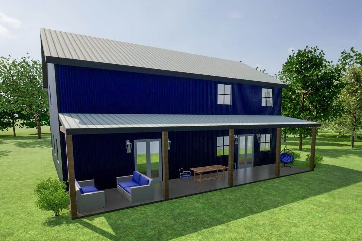 Rear-right rendering with sliding glass doors and an expansive patio with multiple seating areas.