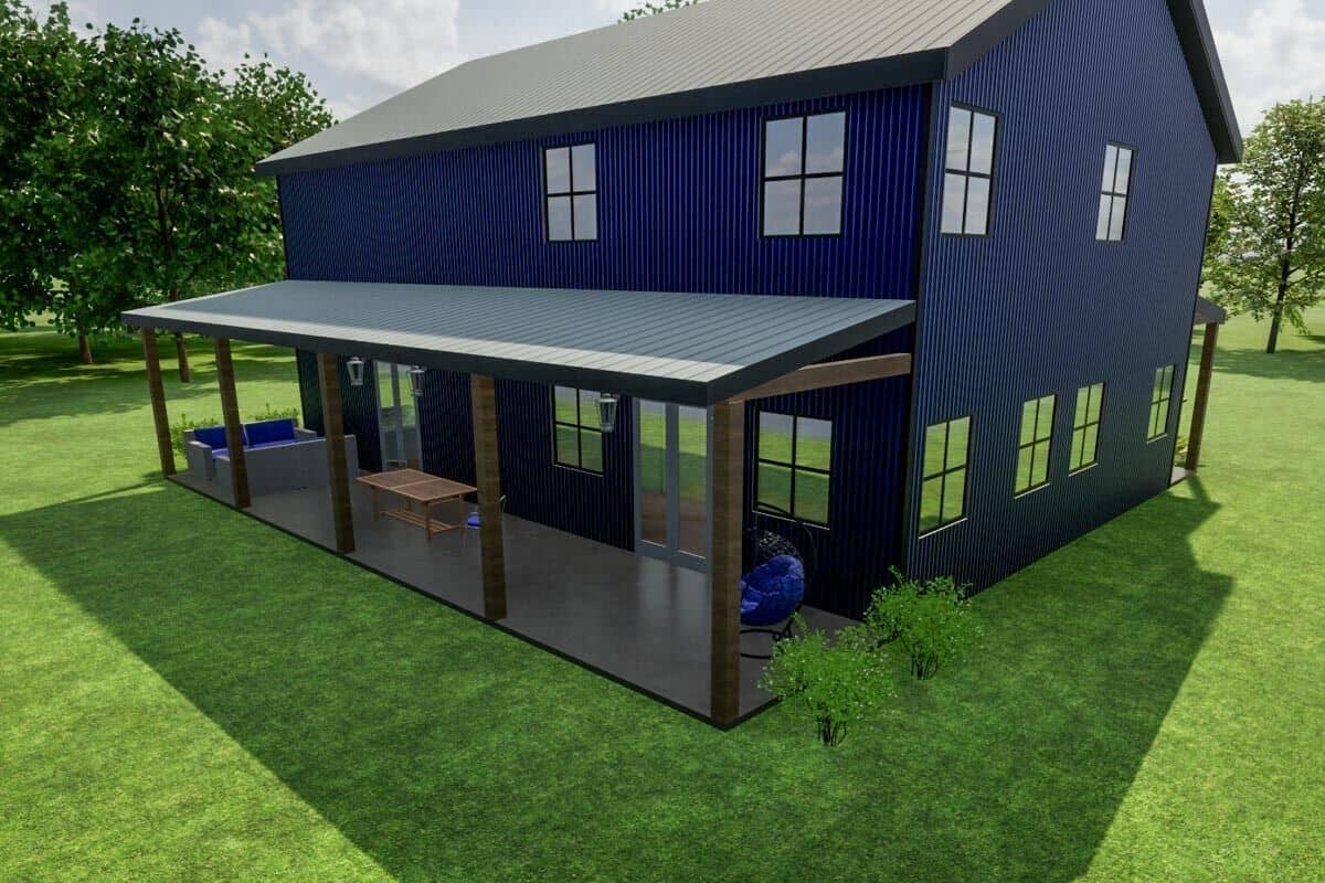 Rear-left rendering with framed windows and a covered patio framed with timber posts.