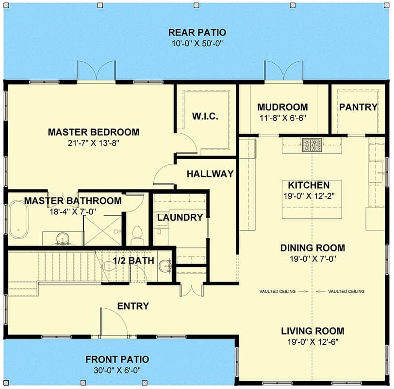 Main level floor plan of a two-story country style 4-bedroom home with foyer, living room, dining room, kitchen, laundry, and primary suite.