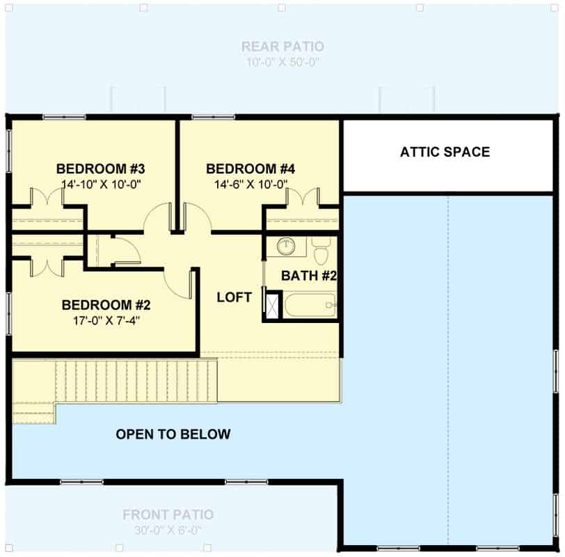 Second level floor plan with loft, three bedrooms, and a shared bathroom.