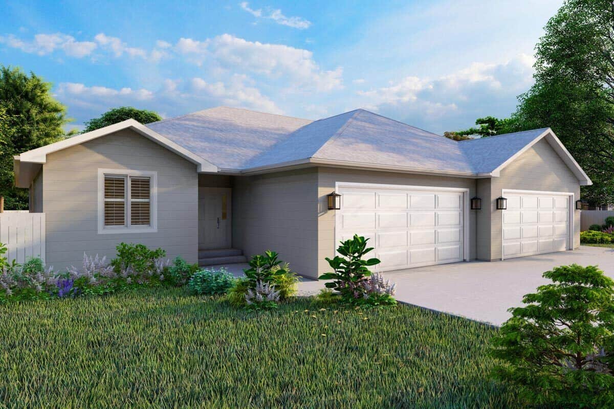 Front-left rendering with a covered entry a front-facing garage.