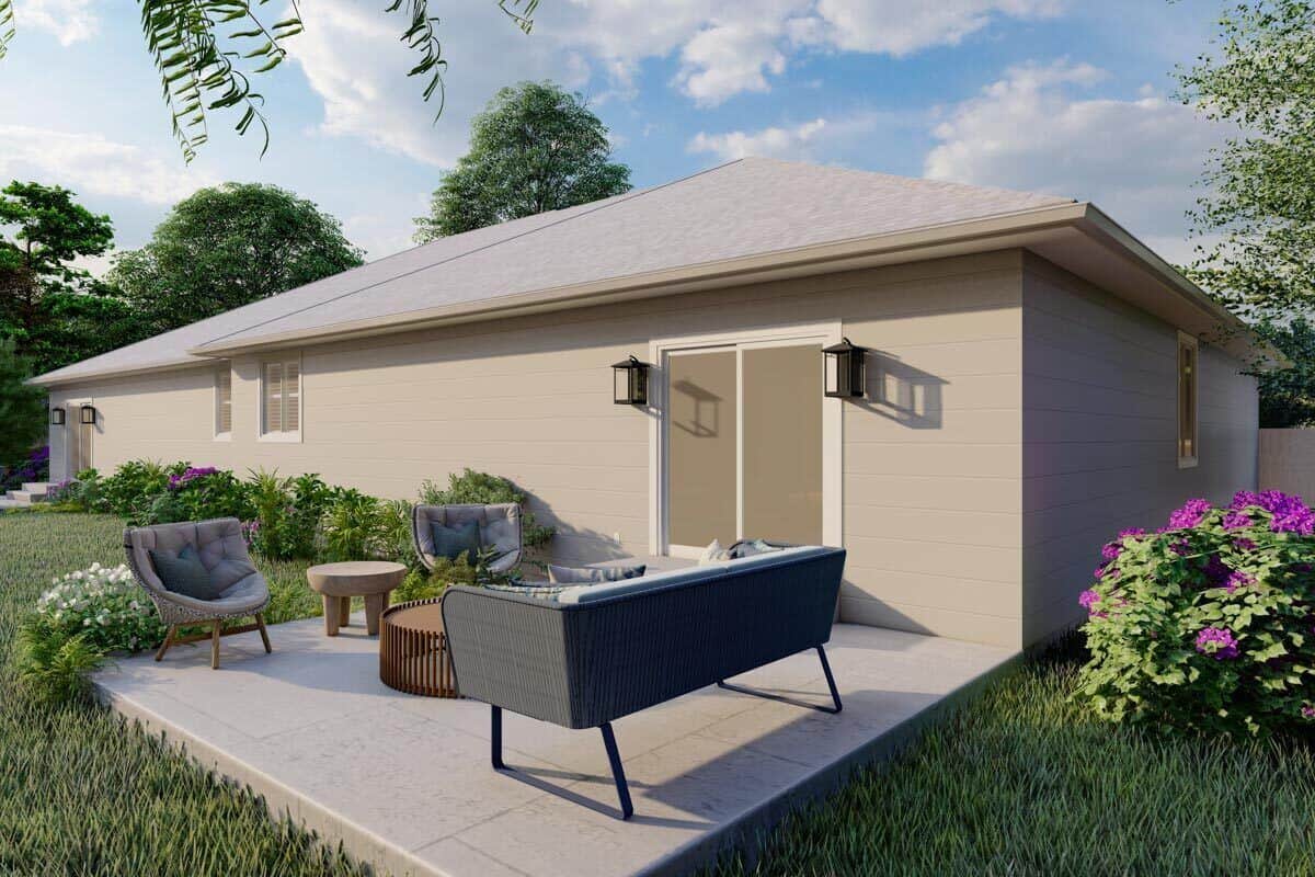 Rear-left rendering with sliding doors and a concrete patio