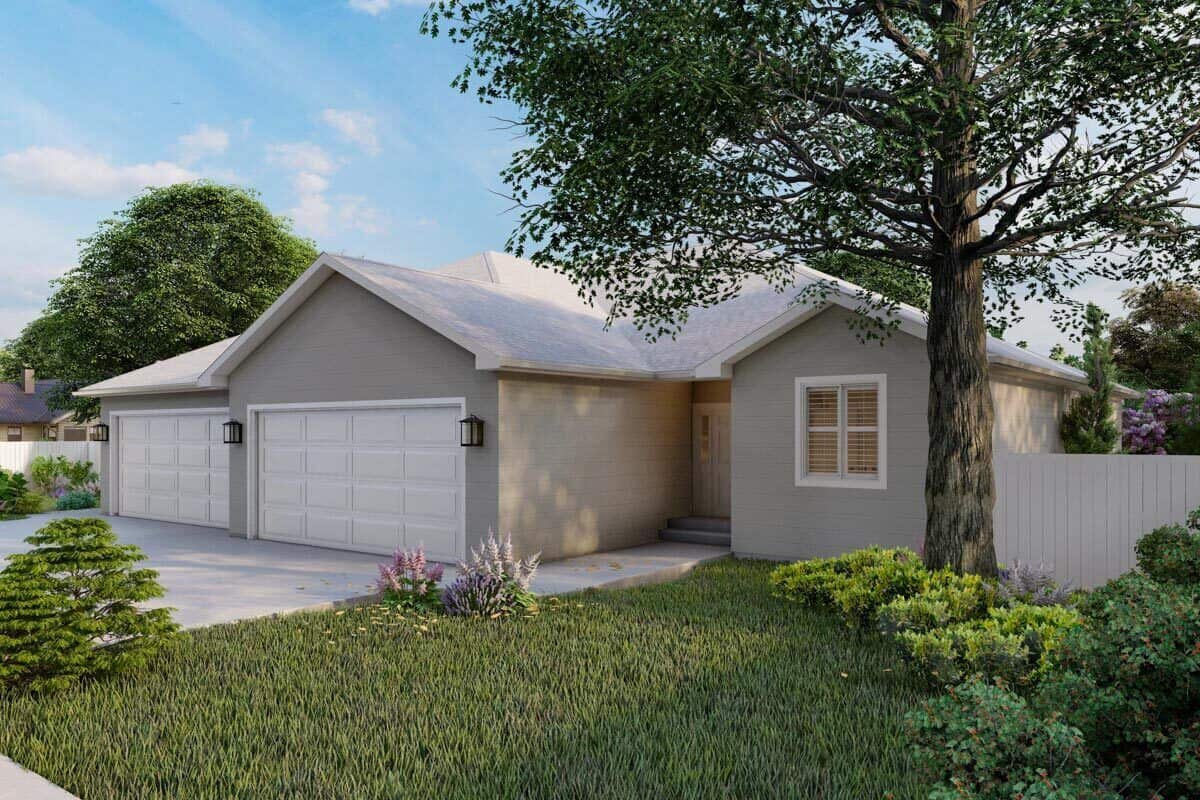 Front-right rendering with a covered entry, gable rooflines, and a front-loading garage.
