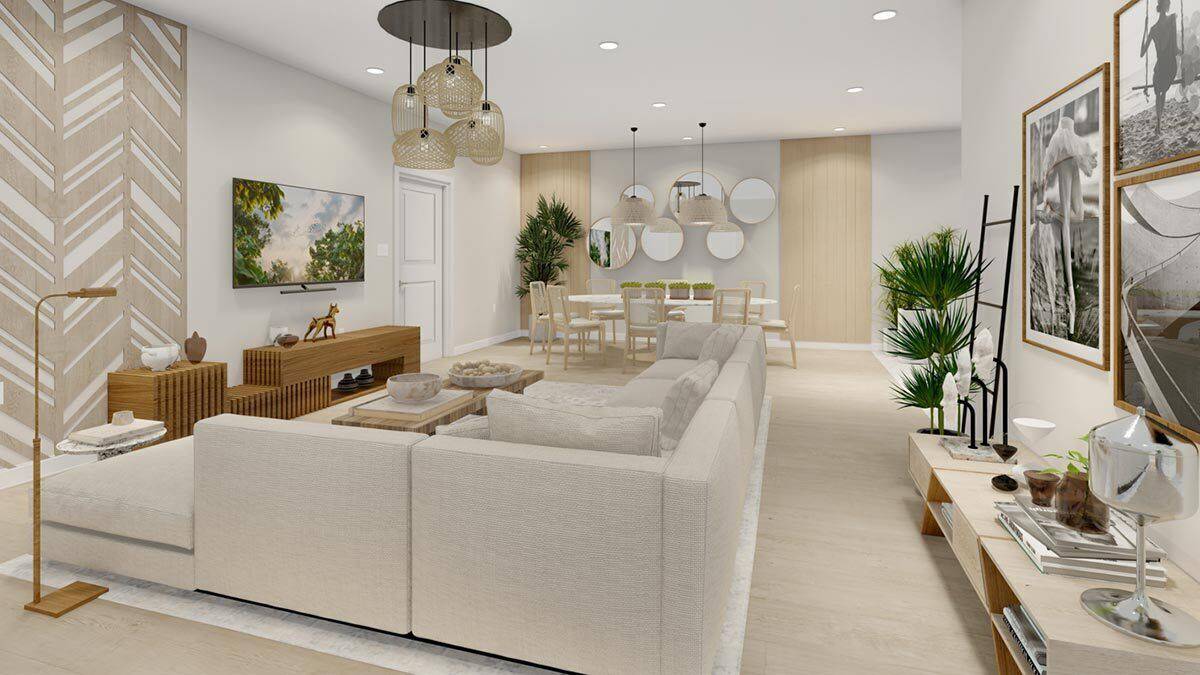 The family room includes contemporary console tables.