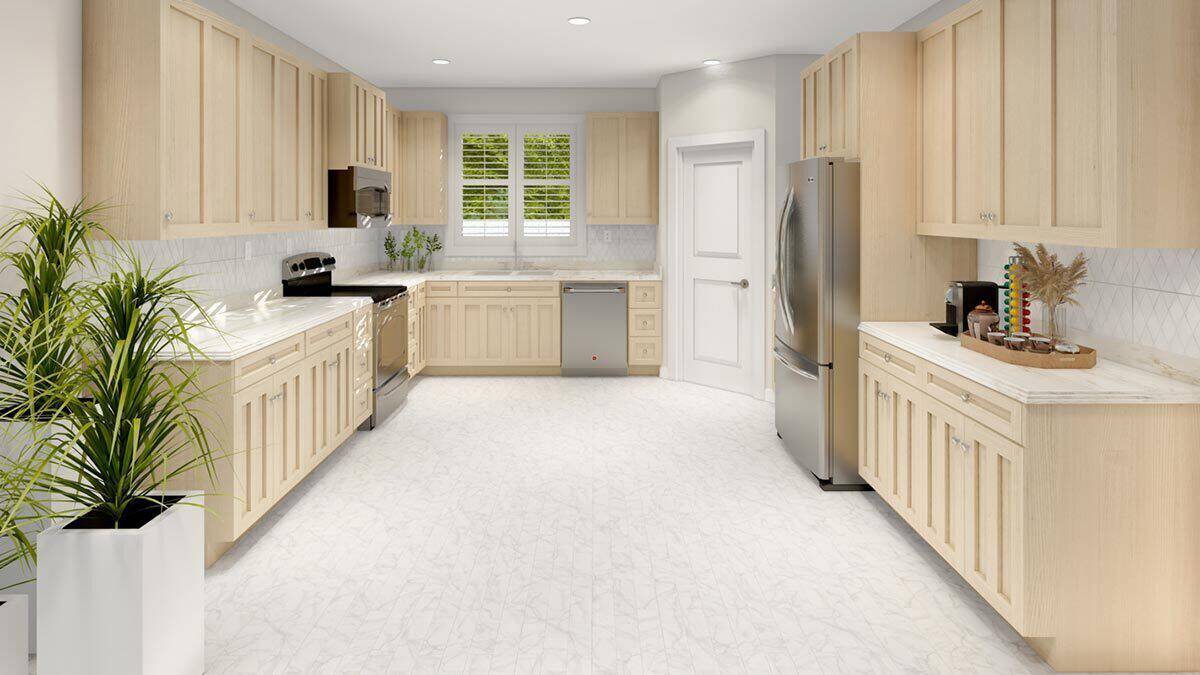 Kitchen with light wood cabinets, stainless steel appliances, and a corner pantry.