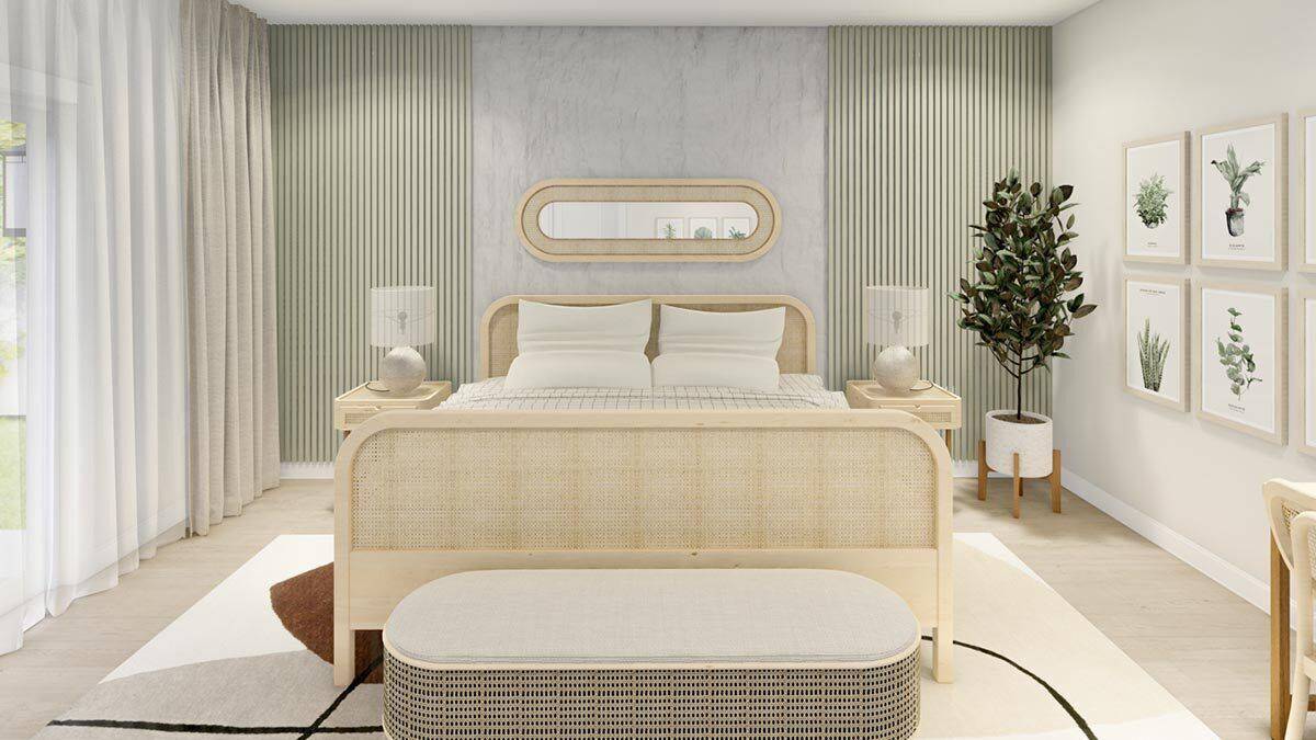 Primary bedroom with a wooden bed complemented with matching nightstands and an oval cushioned bench.