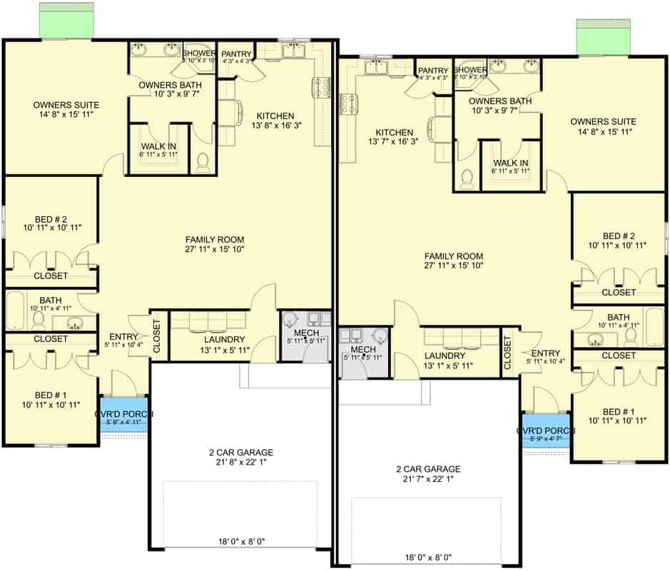 Main level floor plan of a country style single-story 3 bed duplex with foyer, family room, kitchen, three bedrooms, and laundry leading to the garage.