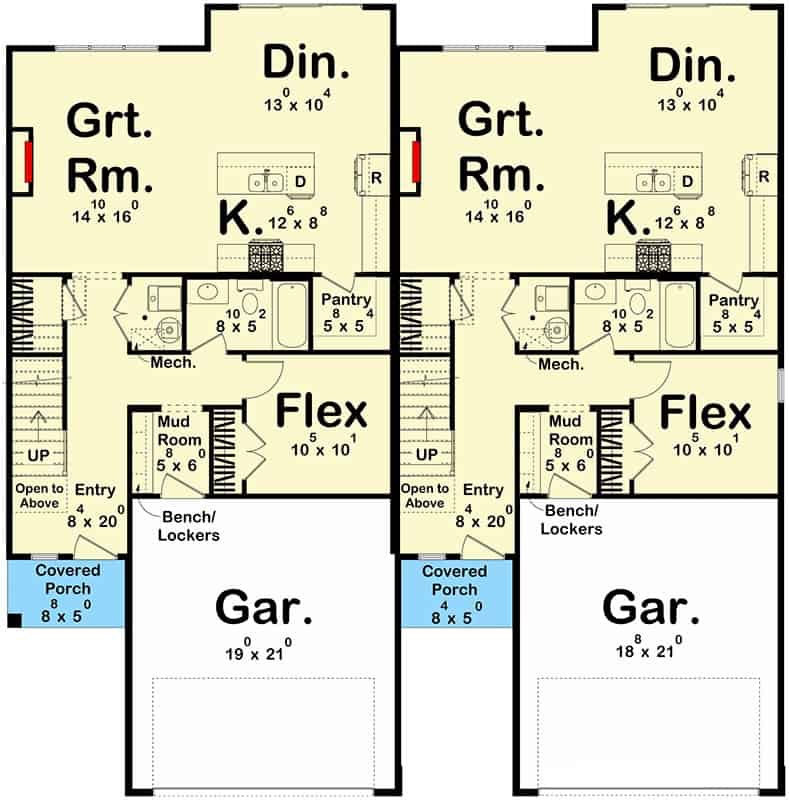 Main level floor plan of a two-story modern 3-bedroom craftsman style duplex home with great room, kitchen, dining area, flex room, and mudroom leading to the garage.