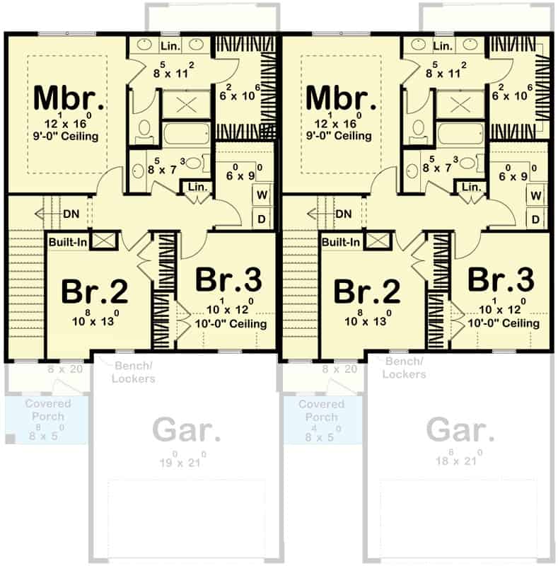 Second level floor plan with three bedrooms, two baths, a laundry, and a loft.