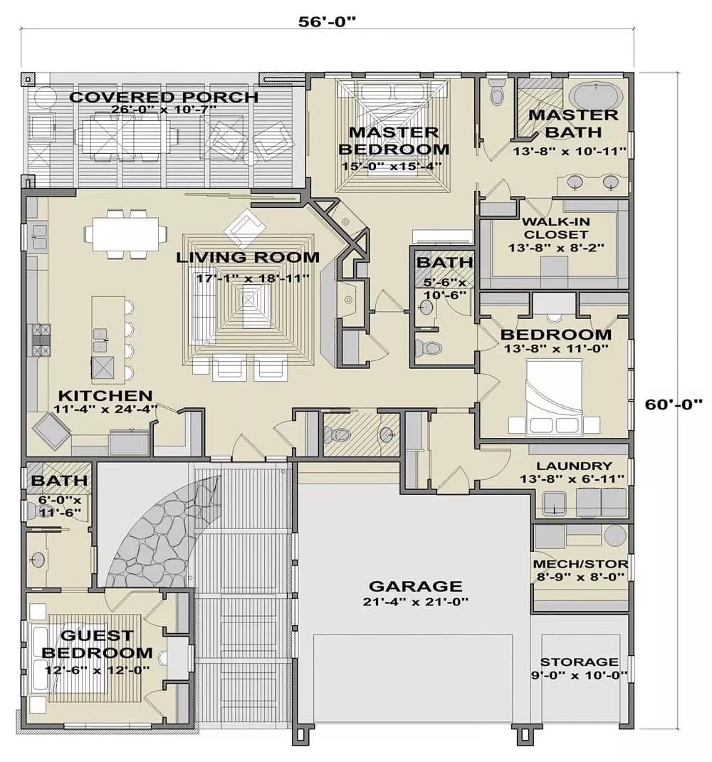 Main level floor plan of the Prairie Falls single-story 3-bedroom contemporary ranch with living room, kitchen, three bedrooms, laundry, and 3-car garage.