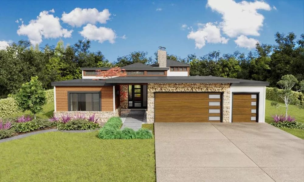 Front view of the house with a 3-car garage and a covered entryway.