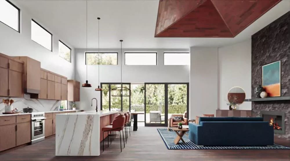 Open-concept living with hardwood flooring, clerestory windows, and sliding glass doors that open to the back porch.