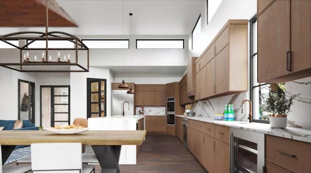 Eat-in kitchen with wooden cabinetry, a matching dining set, marble countertops, and a waterfall island.