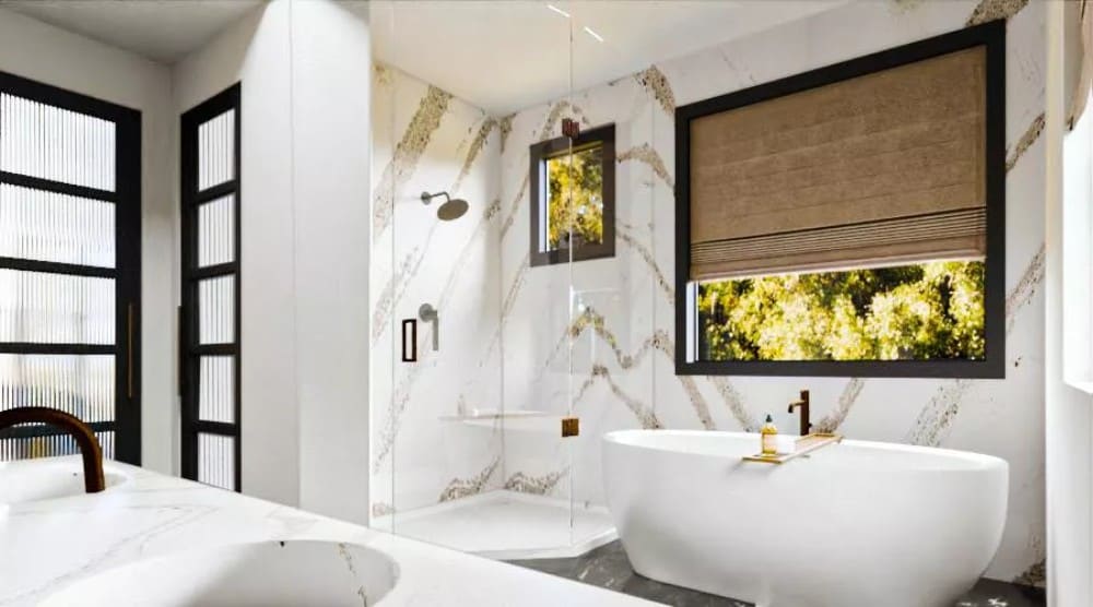 Primary bathroom with a soaking tun and a tiled shower.