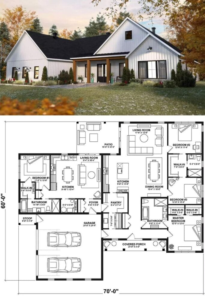 Single-Story Country Style 4-Bedroom Multi-Generational Home with Open ...