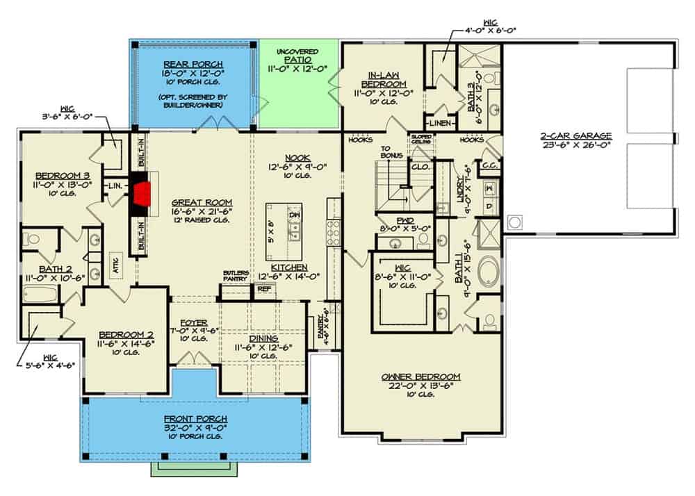 Main level floor plan of a 4-bedroom modern single-story farmhouse with foyer, great room, kitchen, breakfast nook, dining room, four bedrooms, laundry, and mudroom leading to the garage.