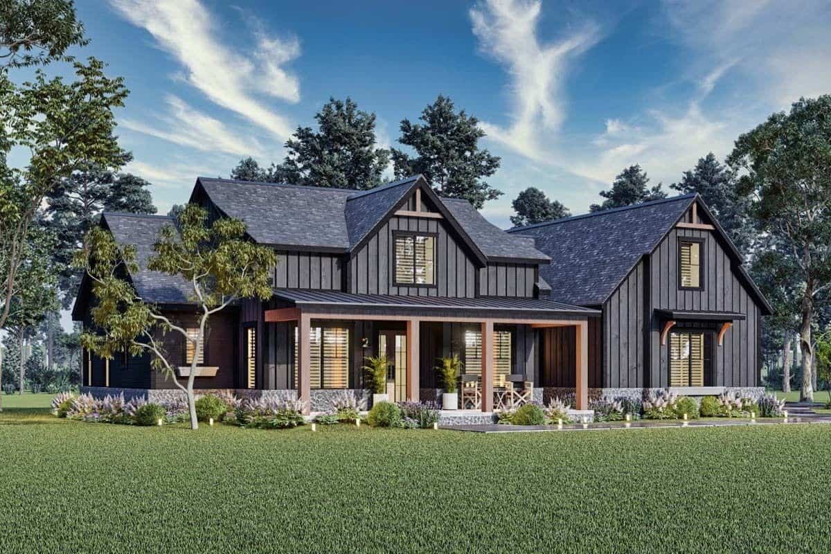 Front-left view with vertical siding, a stone base, and a covered entry porch supported by wooden pillars.