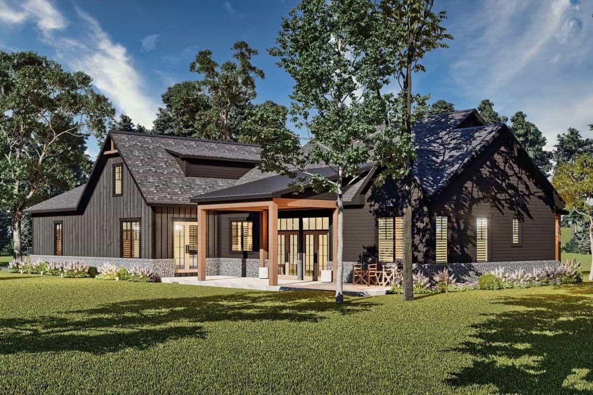 Rear-left view with a covered patio framed with timber beams.