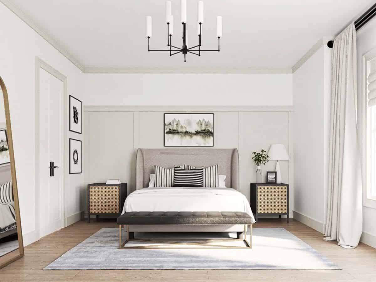 Primary bedroom with a hardwood floor and a wingback bed against the paneled accent wall.