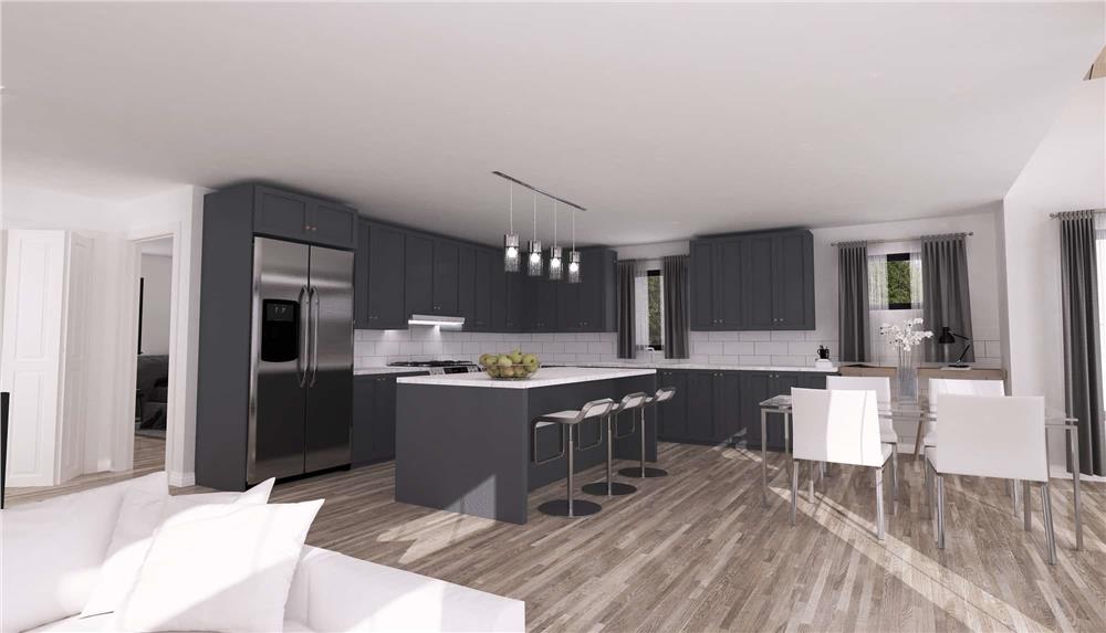 Kitchen and dining area with hardwood flooring and a regular ceiling.