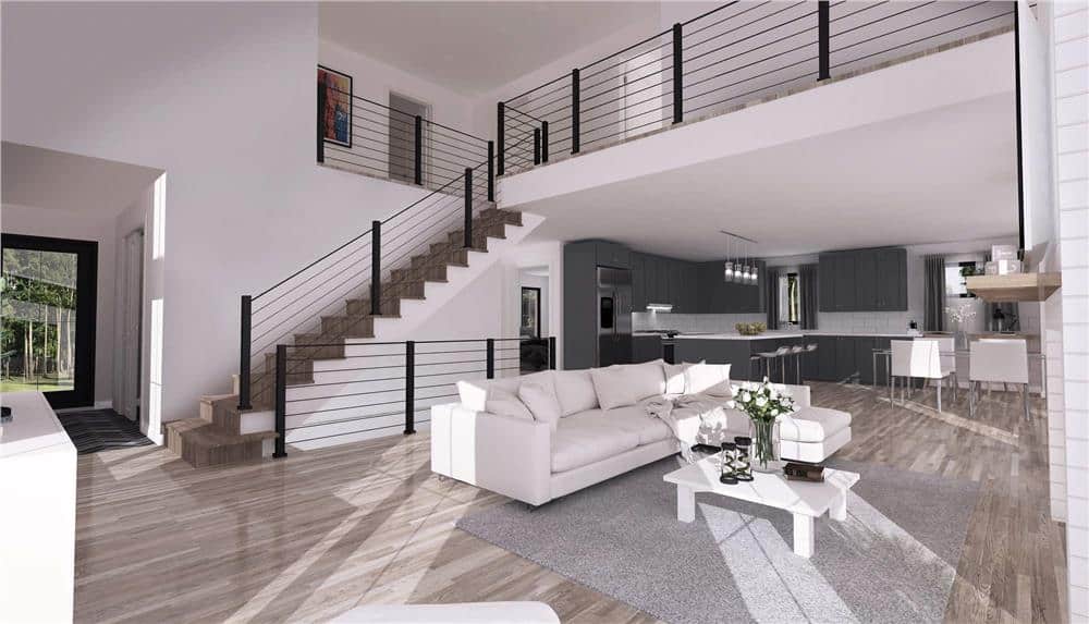 An open layout view of the living room, dining area, and kitchen.