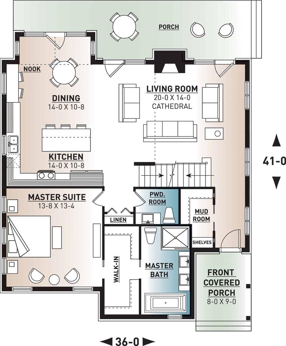 Main level floor plan of a 3-bedroom farmhouse style two-story home with living room, dining area, kitchen, primary suite, powder room, and mudroom.
