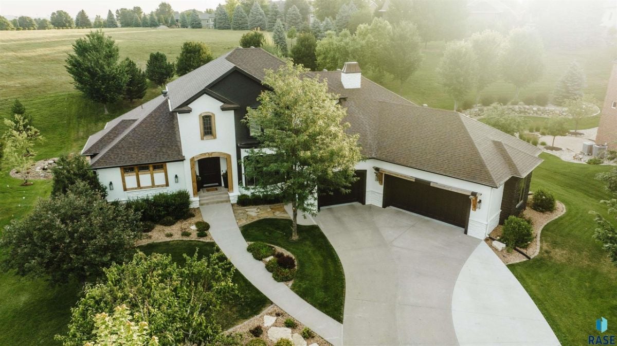 Aerial view of the mansion with trees in the background.
