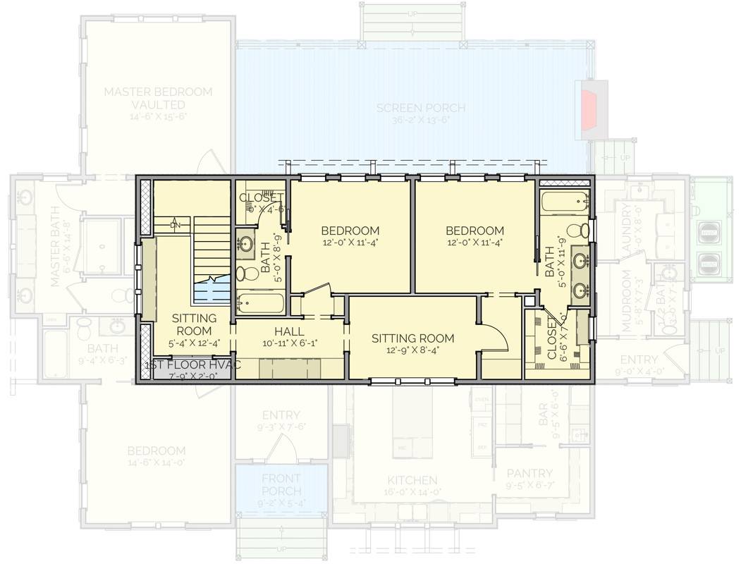 Second level floor plan with two bedroom suites and two sitting rooms.