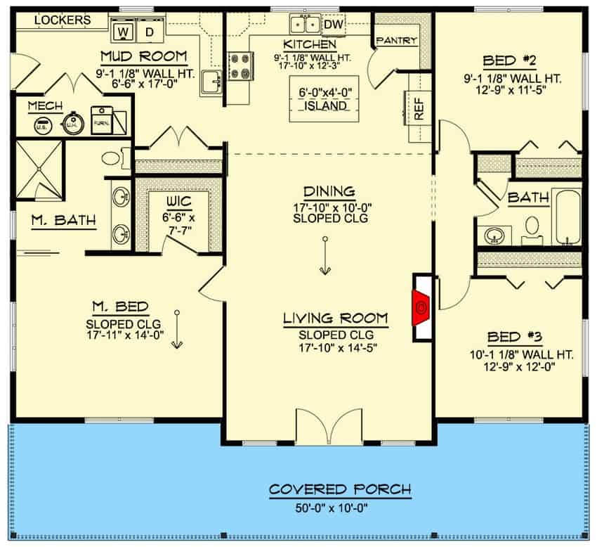 Main level floor plan of a contemporary style single-story 3-bedroom home with front porch, living room, dining area, kitchen, three bedrooms, and mudroom.