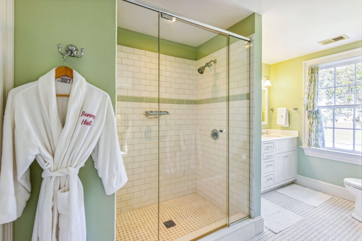 Bathroom with a sink and a walk-in shower.