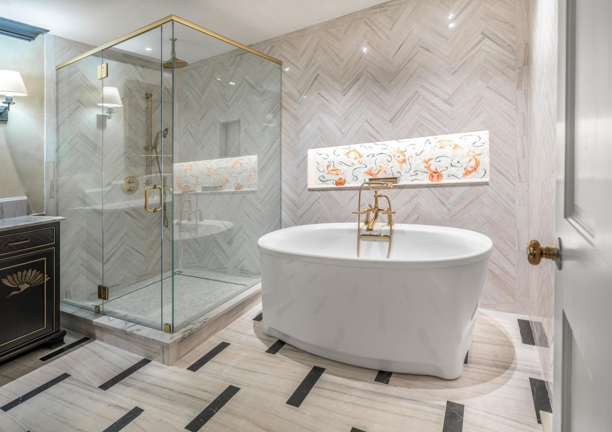 Bathroom with soaking tub and walk-in shower.