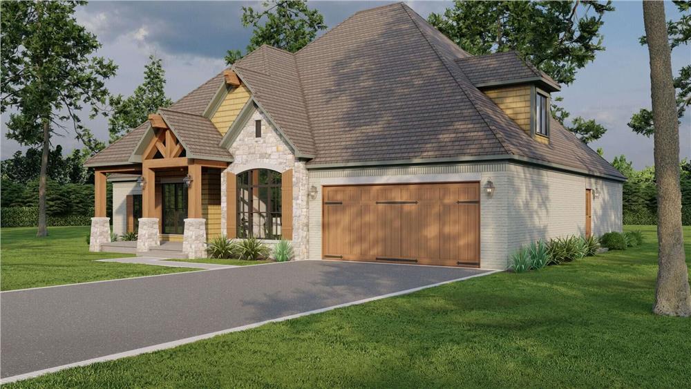Front-right view with a covered entry porch and a double garage complemented with an asphalt driveway.