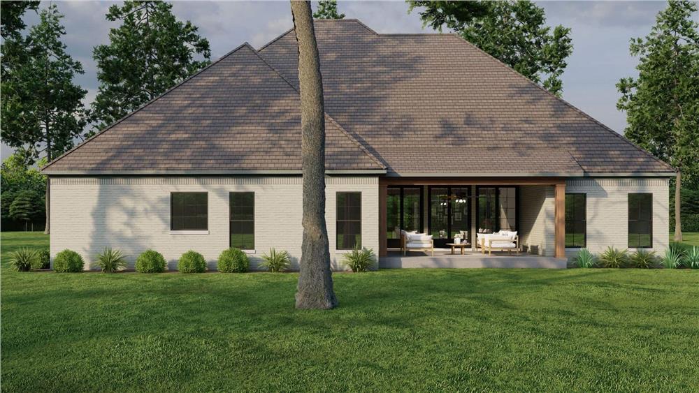 Rear view of the house with hipped roofs and a grilling porch.