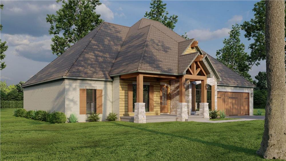 Front-left view with shuttered windows and a covered entry porch framed with exposed truss and stone base columns.