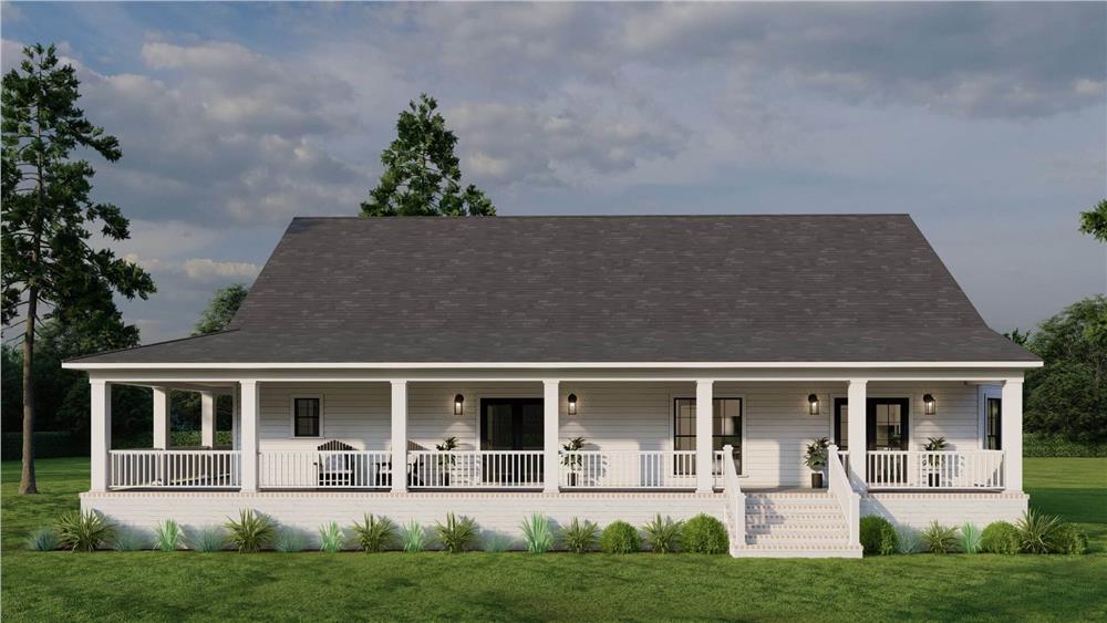 Rear view of the house with a wraparound porch bordered by white railings and columns.