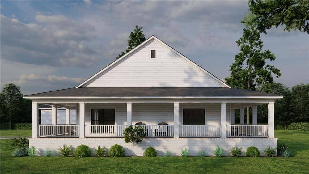 Right view with a center gable and a wraparound porch.