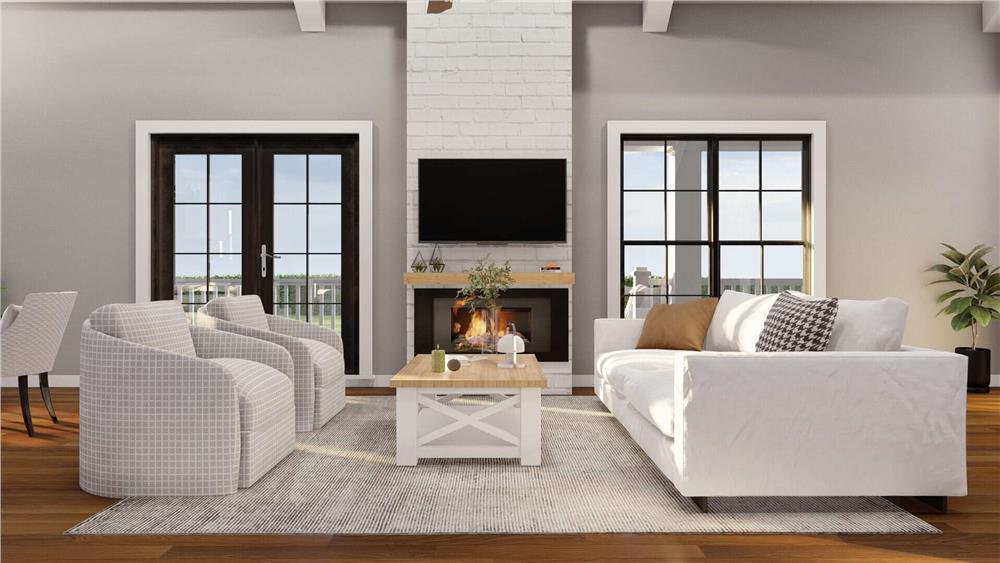 Great room with modern seats, a wooden coffee table and a brick fireplace topped with a wall-mounted TV.