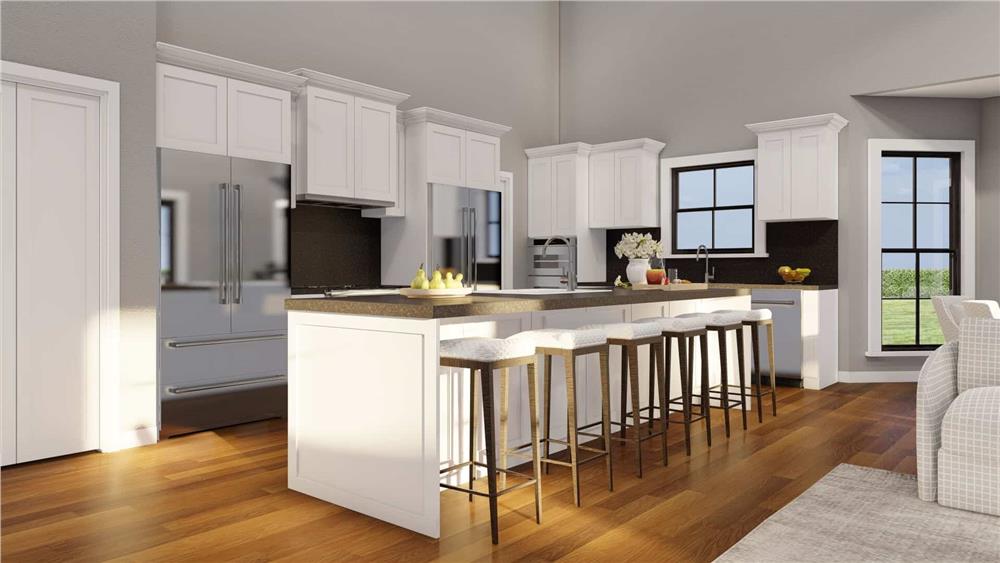 Kitchen with white cabinets and an elongated island paired with cushioned bar stools.