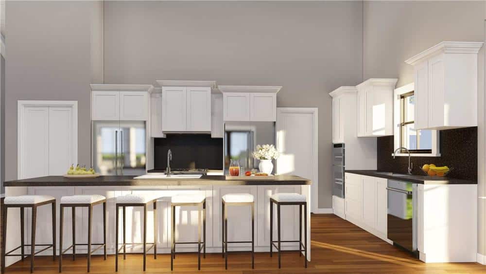 The kitchen includes high-end appliances and black counterops.