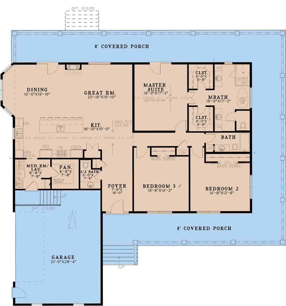 Main level floor plan of a craftsman style 3-bedroom single-story home with foyer, family room, dining room, kitchen, study, primary suite, game room, guest suite, and a 3-car garage.