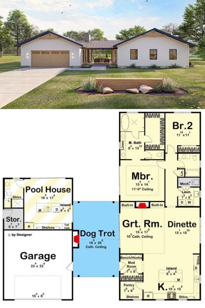 Single-Story 2-Bedroom Cottage with Open-Concept Design (Floor Plan)