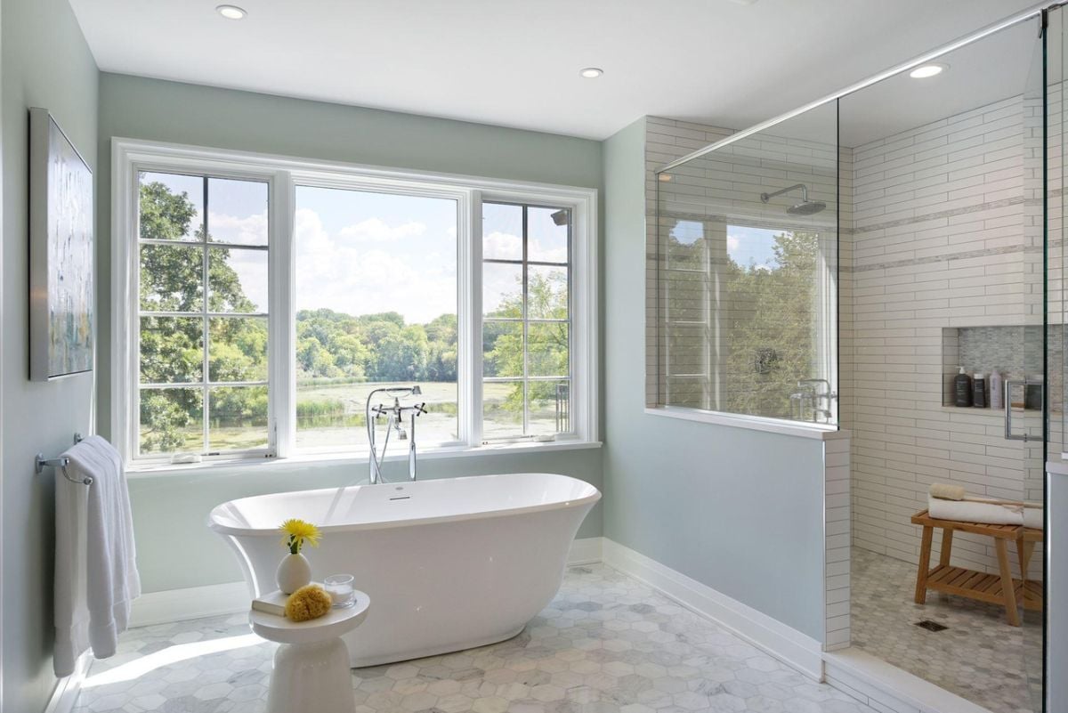 Bathroom with a soaking tub and a walk-in shower.